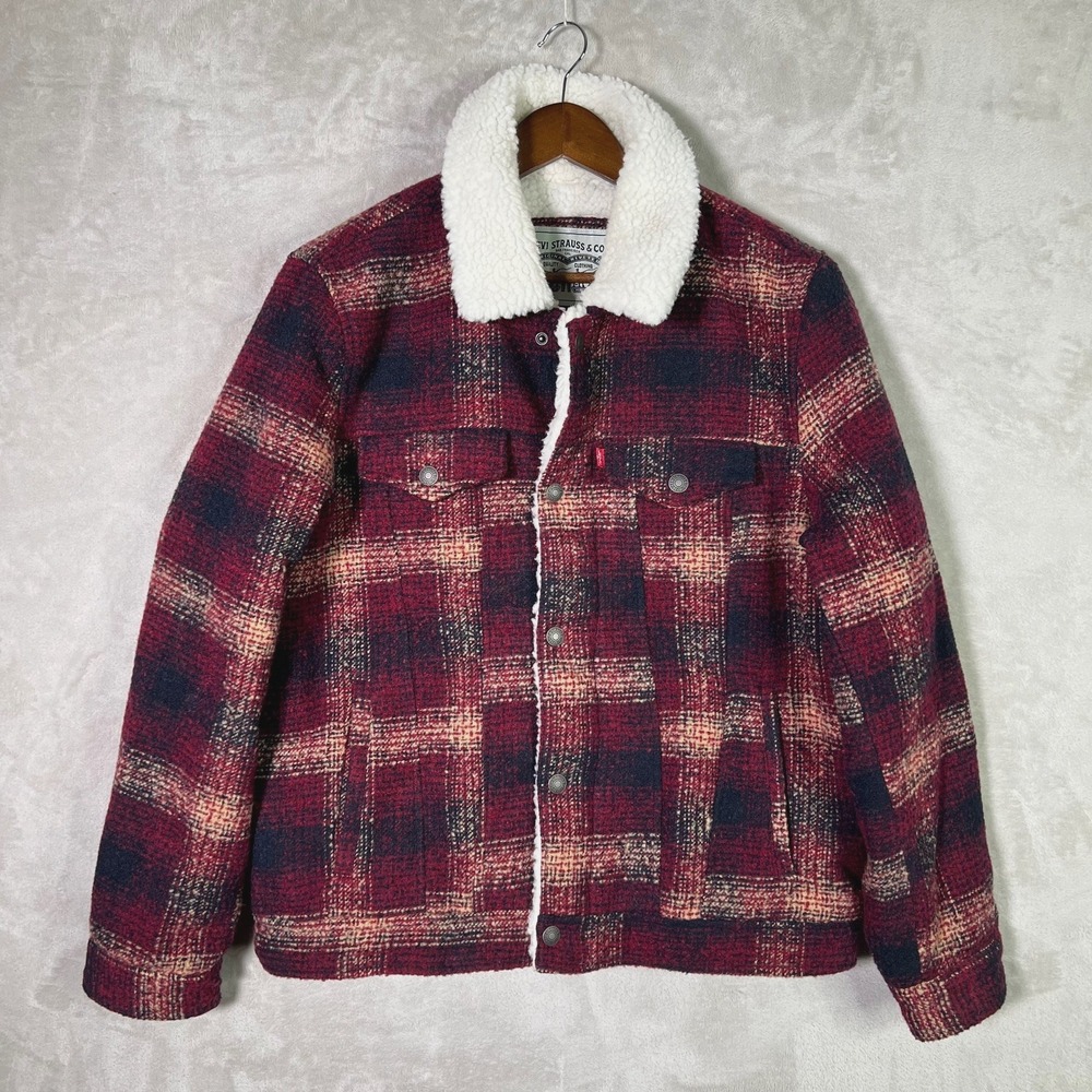 Levi's Jacket Men's Medium Red Plaid Fleece Sherpa Lined Trucker NWT